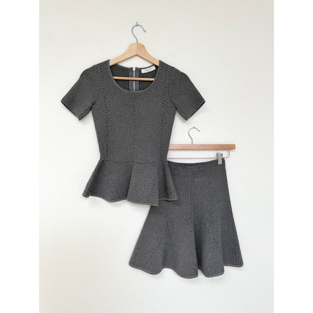 Sandro Paris Grey Honeycomb Knit Peplum Top and Flared Skirt Set / S